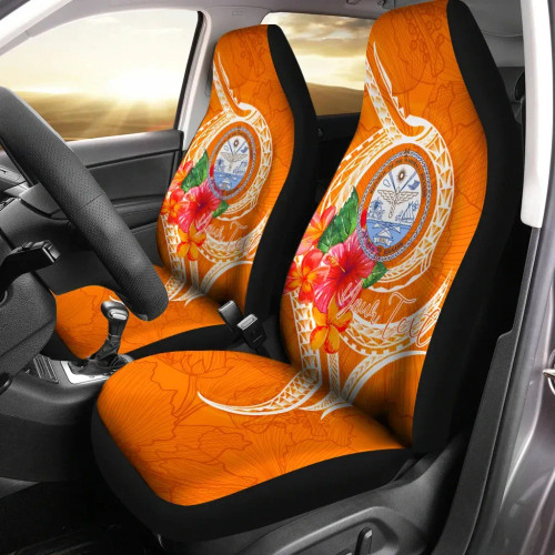 Marshall Islands Polynesian Custom Personalised Car Seat Covers - Orange Floral With Seal