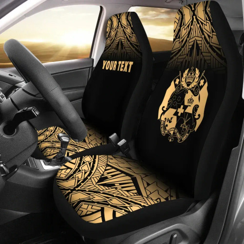 Tonga Custom Personalised Car Seat Covers - Tonga Coat Of Arms Polynesian Tattoo Fog Gold