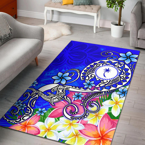 Chuuk Area Rug - Turtle Plumeria (Blue) Polynesian 1