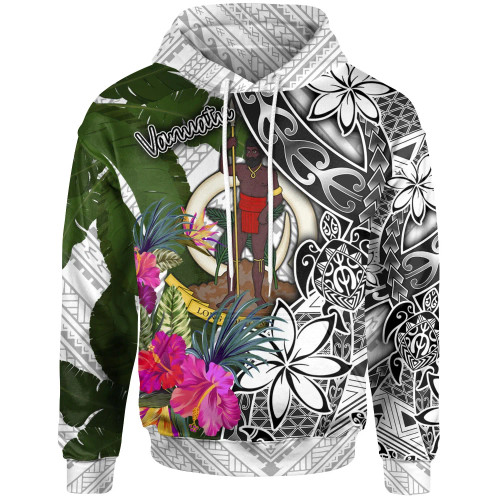 Vanuatu Hoodie White - Turtle Plumeria Banana Leaf