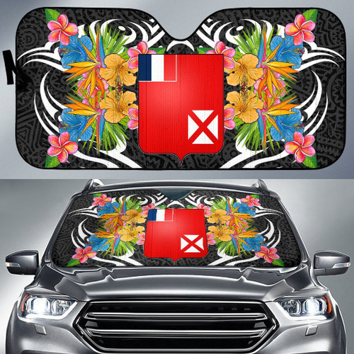 Wallis & Futuna Auto Sun Shades - Coat Of Arms With Tropical Flowers