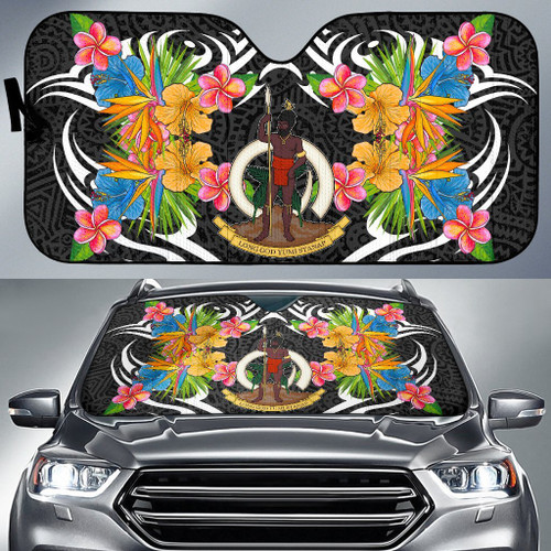 Vanuatu Auto Sun Shades - Coat Of Arms With Tropical Flowers
