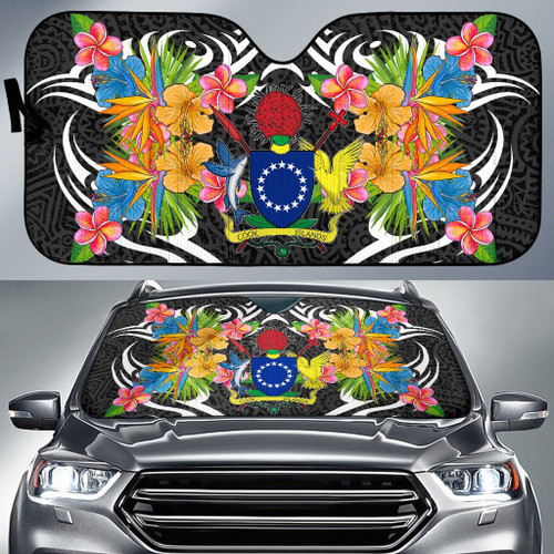 Cook Islands Auto Sun Shades - Coat Of Arms With Tropical Flowers