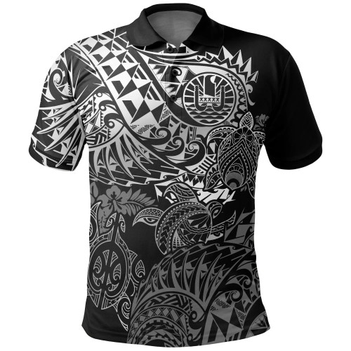 Tahiti Polynesian Polo Shirt - White Turtle Hibiscus Flowing 1