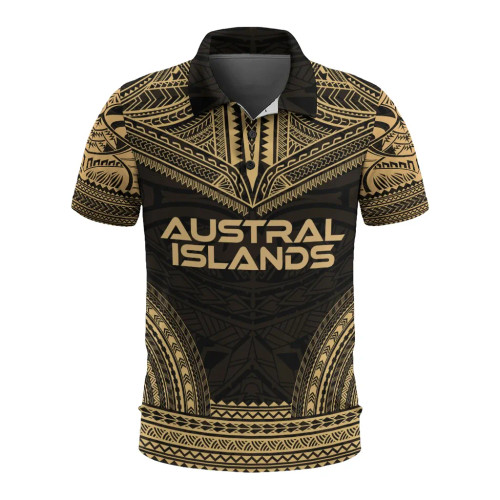Austral Islands Polo Shirt - Austral Islands Flag Polynesian Chief Tattoo Gold Version 1