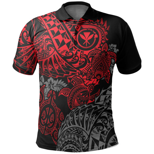 Hawaii Polo Shirt - Kanaka Maoli Polynesian Red Turtle Hibiscus Flowing 1