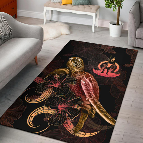 Vanuatu Polynesian Area Rugs - Turtle With Blooming Hibiscus Gold Polynesian 1