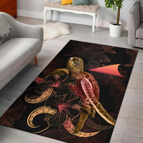 Tokelau Polynesian Area Rugs - Turtle With Blooming Hibiscus Gold  Polynesian 1