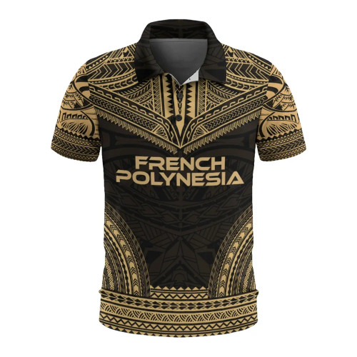 French Polynesia Polo Shirt - French Polynesia Coat Of Arms Polynesian Chief Tattoo Gold Version 1
