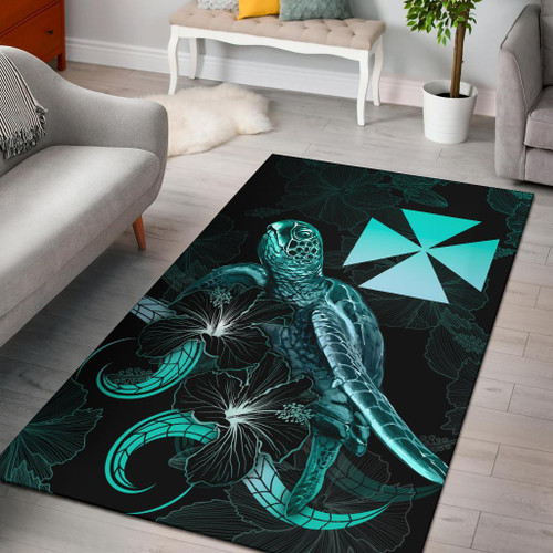 Wallis and Futuna Polynesian Area Rugs - Turtle With Blooming Hibiscus Turquoise Polynesian 1