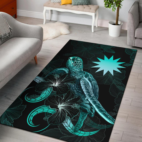 Nauru Polynesian Area Rugs - Turtle With Blooming Hibiscus Turquoise Polynesian 1