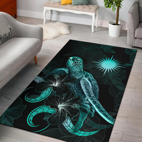 Marshall Islands Polynesian Area Rugs - Turtle With Blooming Hibiscus Turquoise Polynesian 1