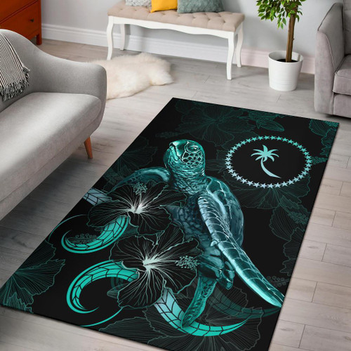 Chuuk Polynesian Area Rugs - Turtle With Blooming Hibiscus Turquoise Polynesian 1