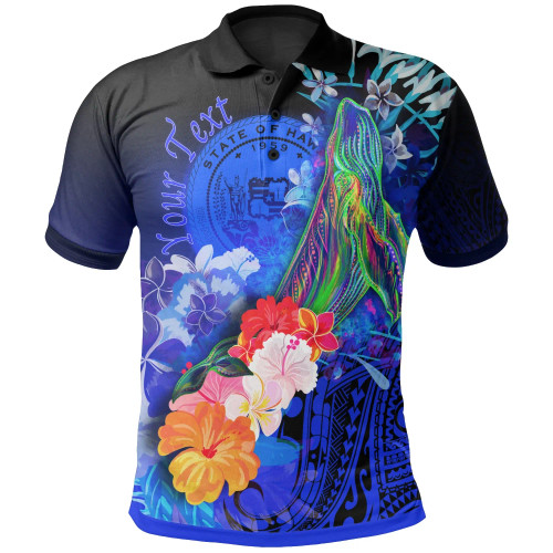 Polynesian Hawaii Custom Personalised Polo Shirts - Humpback Whale with Tropical Flowers (Blue) 1