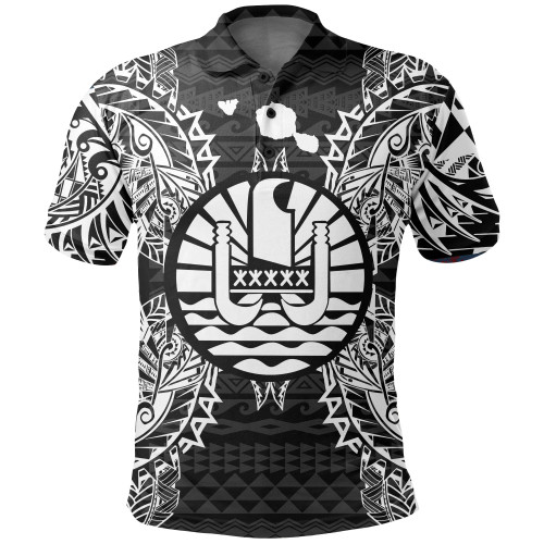 French Polynesian Polo Shirt - French Polynesian Coat Of Arms Map Polynesian Tattoo Black 1