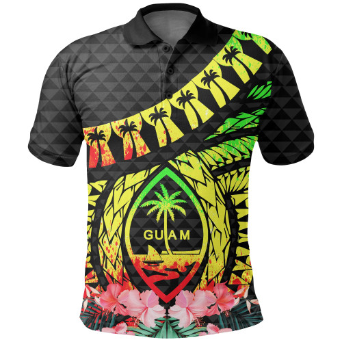 Guam Polo Shirt - Polynesian Pattern Reggae With Hibiscus 1