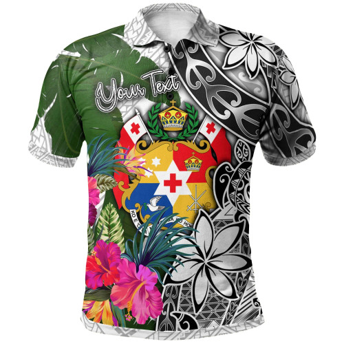 Tonga Custom Personalised Polo Shirt White - Turtle Plumeria Banana Leaf 1