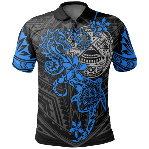 American Samoa Polynesian Polo Shirt - Blue Seahorse Turtle 1