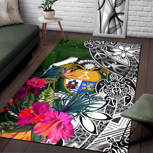Nauru Area Rug White - Turtle Plumeria Banana Leaf Crest Polynesian 1