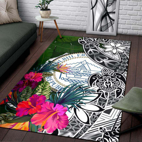 Palau Area Rug White - Turtle Plumeria Banana Leaf Crest Polynesian 1
