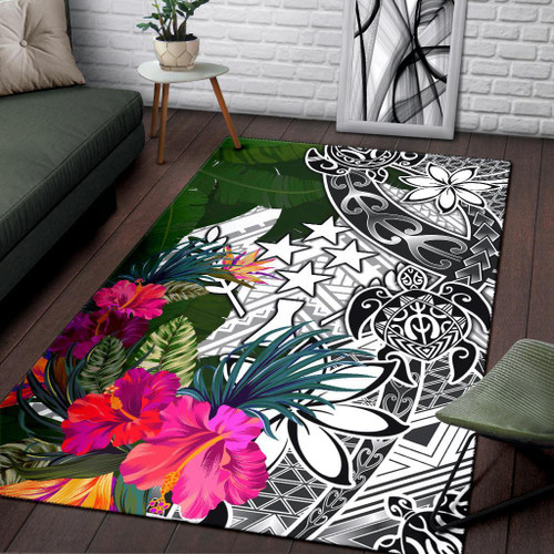 Kosrae Area Rug White - Turtle Plumeria Banana Leaf Polynesian 1