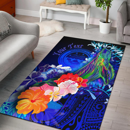Federated States of Micronesia Custom Personalised Area Rug - Humpback Whale with Tropical Flowers (Blue) Polynesian 1