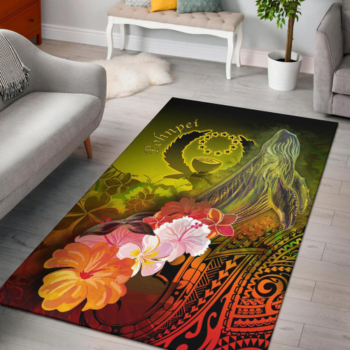 Pohnpei Area Rug - Humpback Whale with Tropical Flowers (Yellow) Polynesian 1