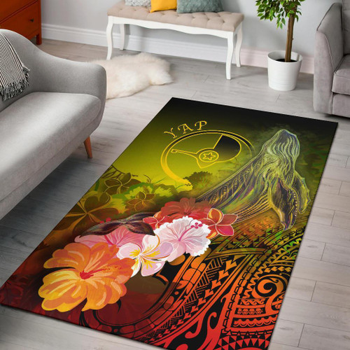 Yap Area Rug - Humpback Whale with Tropical Flowers (Yellow) Polynesian 1