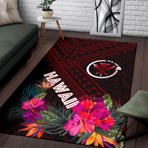 Hawaii Area Rug - Kanaka Maoli With Hibiscus On Polynesian Patterns (RED) Polynesian 1