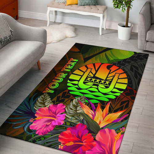 Tahiti Polynesian Personalised Area Rug - Hibiscus and Banana Leaves Polynesian 1