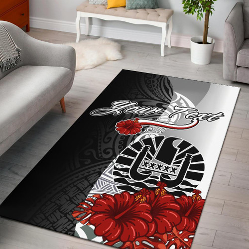 Tahiti Polynesian Custom Personalised Are Rug - Coat Of Arm With Hibiscus White Polynesian 1