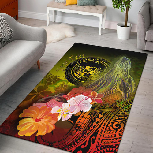 Polynesian Hawaii Custom Personalised Area Rug - Humpback Whale with Tropical Flowers (Yellow) Polynesian 1