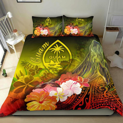 Guam Bedding Set - Humpback Whale With Tropical Flowers (Yellow) 1