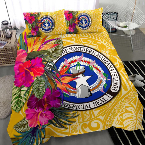 Northern Mariana Islands Bedding Set - Saipan Hibiscus Polynesian Pattern Yellow Version 1