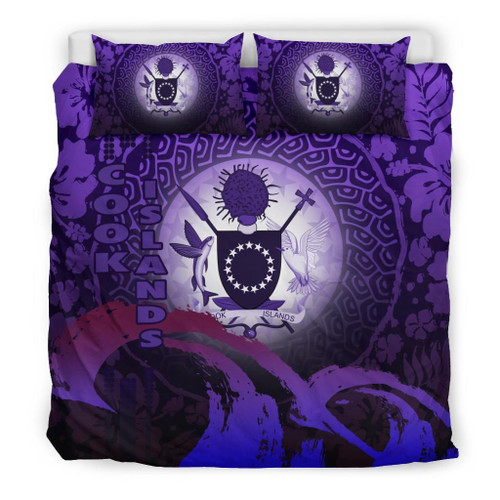 Cook Islands Duvet Cover Set - Cook Islands Coat Of Arms Wave And Hibiscus Purple 1