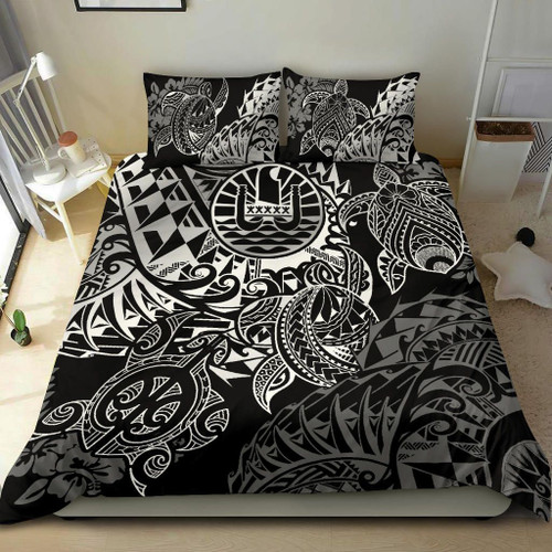 Tahiti Polynesian Bedding Set - White Turtle Hibiscus Flowing 1