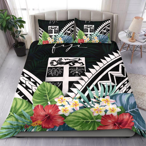Fiji Bedding Set - Fiji Coat Of Arms & Polynesian Tropical Flowers White 1