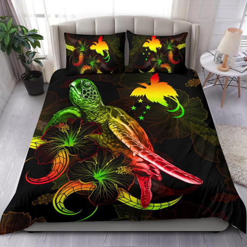 Papua New Guinea Polynesian Bedding Set - Turtle With Blooming Hibiscus Reggae 1