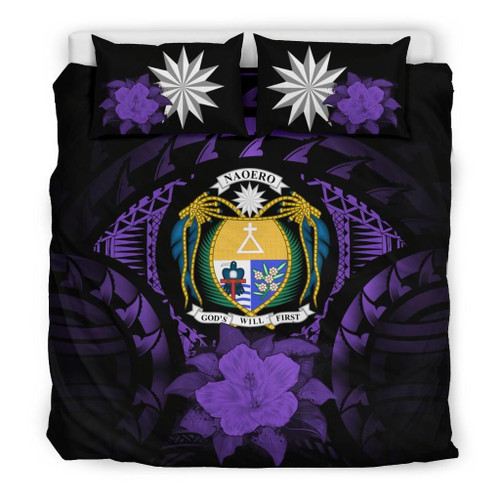 Nauru Duvet Cover Set - Nauru Coat Of Arms & Purple Hibiscus 1