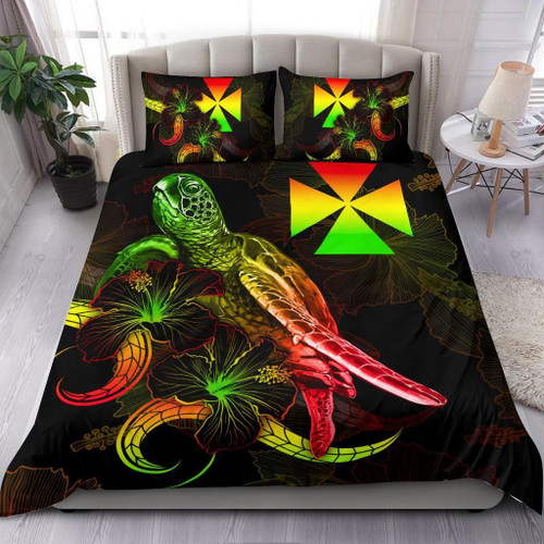 Wallis And Futuna Polynesian Bedding Set - Turtle With Blooming Hibiscus Reggae 1