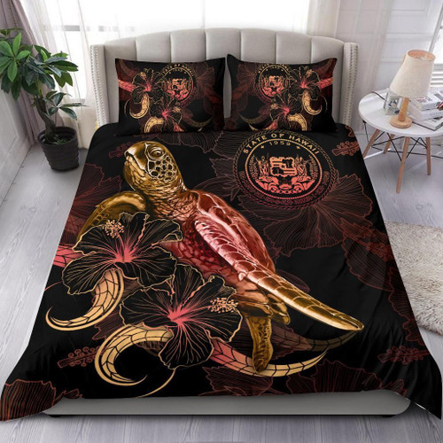 Hawaii Polynesian Bedding Set - Turtle With Blooming Hibiscus Gold 1