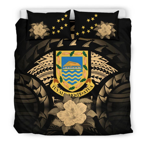 Tuvalu Duvet Cover Set - Tuvalu Coat Of Arms & Gold Hibiscus 1