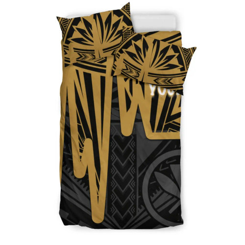 Hawaii Personalised Bedding Set - Kanaka Maoli With Polynesian Pattern In Heartbeat Style (Gold) 1