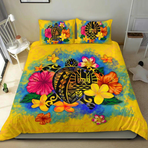 Tahiti Polynesian Bedding Set - Turtle With Plumeria And Hibiscus 1
