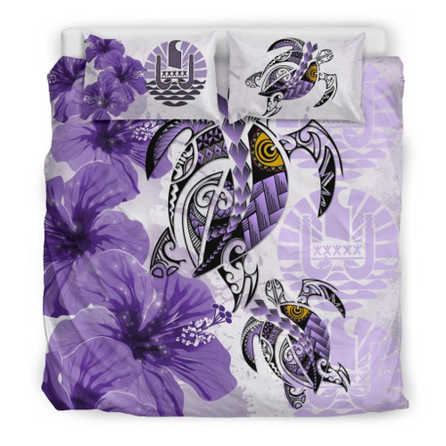 Polynesian Duvet Cover Set - Tahiti Bedding Set Polynesia Turtle Hibiscus Purple 1