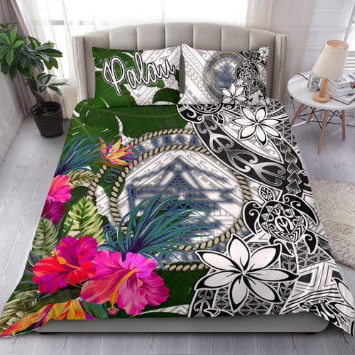 Palau Bedding Set White - Turtle Plumeria Banana Leaf Crest 1