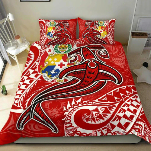 Tonga Bedding Set - Red Shark Polynesian Tattoo 1