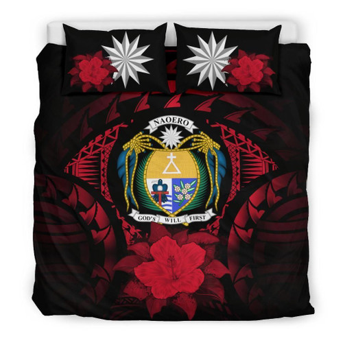 Nauru Duvet Cover Set - Nauru Coat Of Arms & Red Hibiscus 1