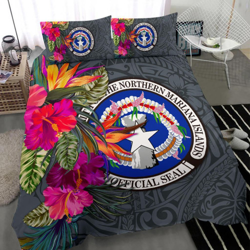 Northern Mariana Islands Bedding Set - Saipan Hibiscus Polynesian Pattern Gray Version 1