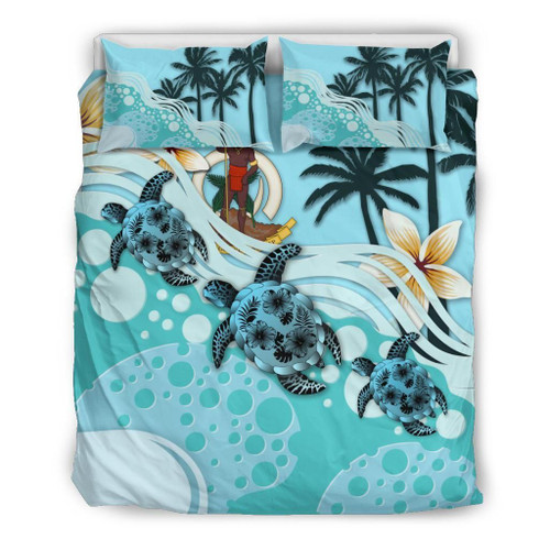 Polynesian Duvet Cover Set - Vanuatu Bedding Set Blue Turtle Hibiscus No 1